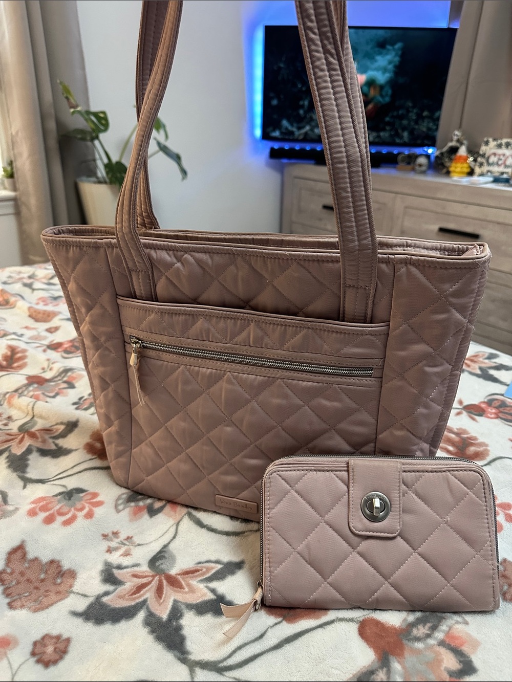 Vera Bradley Quilted Tote and Wallet Set in Mauve Pink